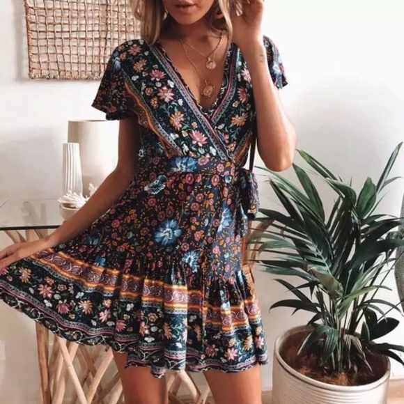 SOLD OUT Navy Boho Floral Gypsy Short Sleeve Mini Dress - Picture 3 of 6
